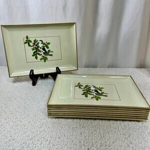 Gibson Greetings Chickadees & Holly Otagiri Lacquerware Snack Tray Set of 8 VTG